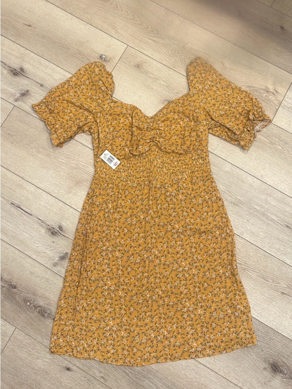 Mustard Yellow Floral Puff Sleeve Dress